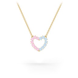 Dual Birthstone Heart Pendant in 9K Solid Yellow Gold with Pink Tourmaline and Blue Topaz