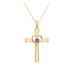 Cross and Heart Pendant with Birthstone in 18K Gold Plated Silver with Blue Sapphire