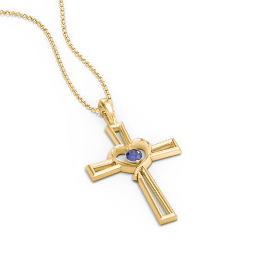 Cross and Heart Pendant with Birthstone – 18K Gold Plated Silver with Blue Sapphire
