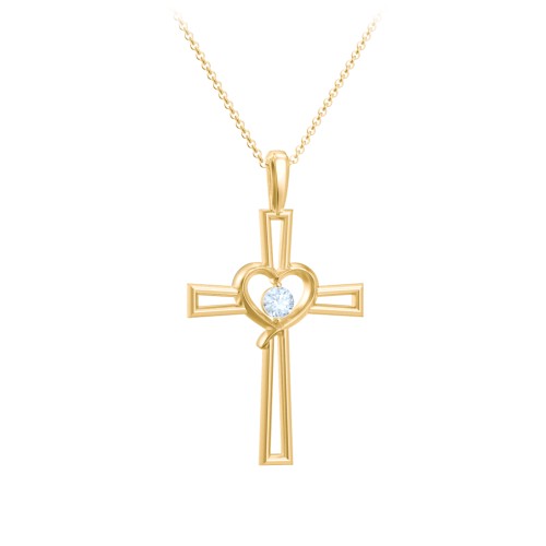 Cross and Heart Pendant with Birthstone – 18K Gold Plated Silver with Aquamarine
