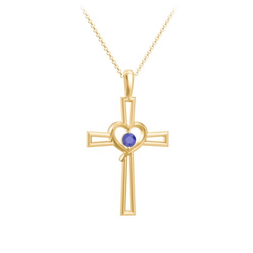Cross and Heart Pendant with Birthstone – 18K Gold Plated Silver with Blue Sapphire
