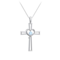 Cross and Heart Pendant with Birthstone in 925 Sterling Silver with Blue Topaz