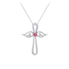 Angel Cross Pendant with Birthstone – Sterling Silver with Ruby