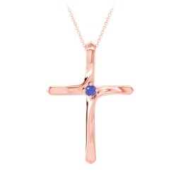 Twisted Cross Pendant with Birthstone in 9K Solid Rose Gold with Blue Sapphire