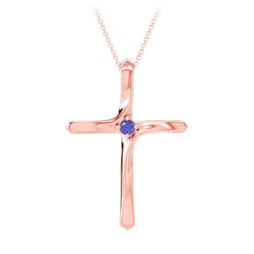 Twisted Cross Pendant with Birthstone – 9kt Rose Gold with Blue Sapphire