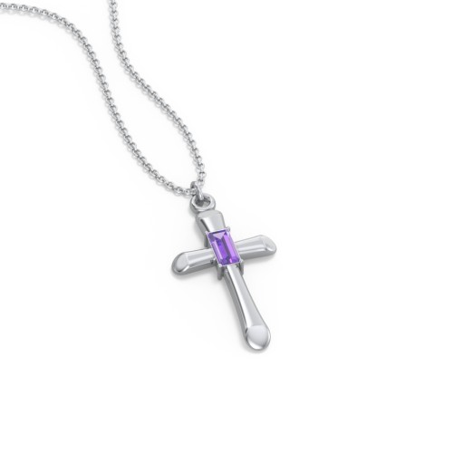 Mini Cross with Baguette Birthstone – Sterling Silver with Amethyst