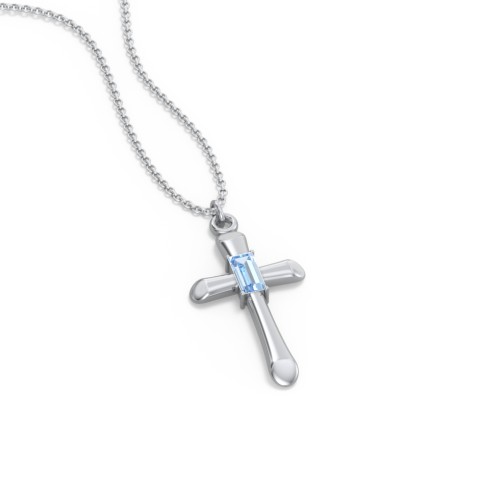 Mini Cross with Baguette Birthstone – Sterling Silver with Blue Topaz