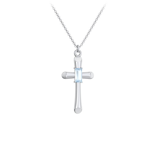 Mini Cross with Baguette Birthstone – Sterling Silver with Aquamarine