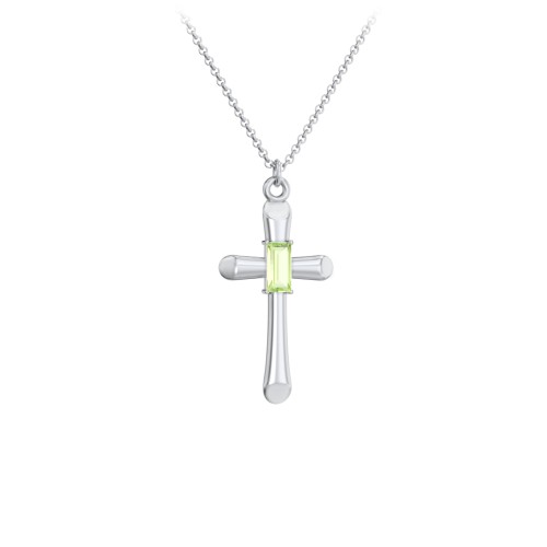 Mini Cross with Baguette Birthstone – Sterling Silver with Peridot