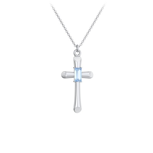 Mini Cross with Baguette Birthstone – Sterling Silver with Blue Topaz