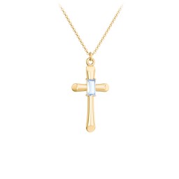 Mini Cross with Baguette Birthstone in 9K Solid Yellow Gold with Aquamarine
