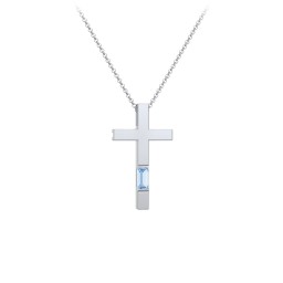 Modern Cross with Baguette Birthstone in 925 Sterling Silver with Blue Topaz