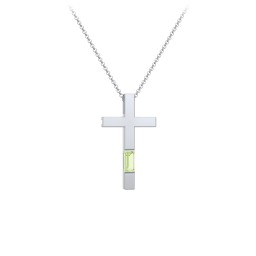 Modern Cross with Baguette Birthstone in 925 Sterling Silver with Peridot