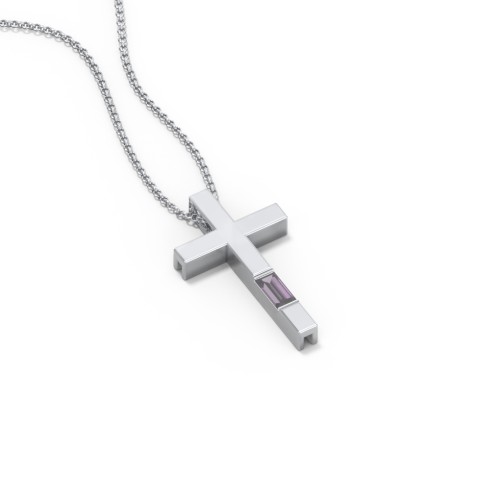 Modern Cross with Baguette Birthstone – Sterling Silver with Alexandrite