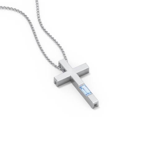 Modern Cross with Baguette Birthstone – Sterling Silver with Blue Topaz