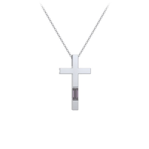 Modern Cross with Baguette Birthstone – Sterling Silver with Alexandrite