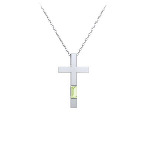 Modern Cross with Baguette Birthstone – Sterling Silver with Peridot