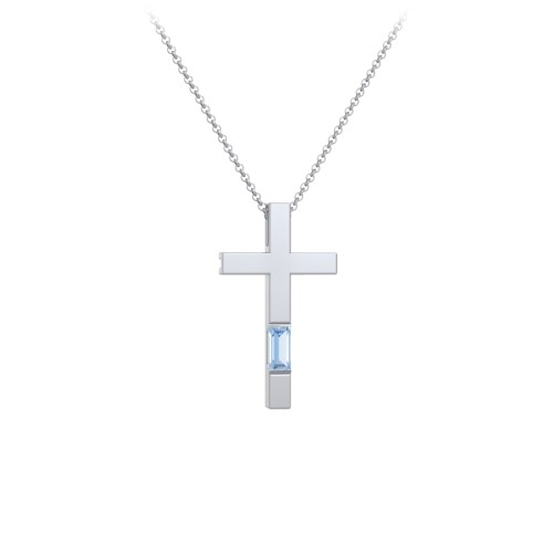 Modern Cross with Baguette Birthstone – Sterling Silver with Blue Topaz