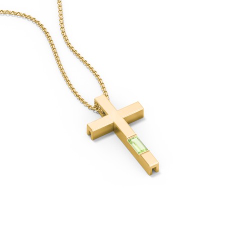 Modern Cross with Baguette Birthstone – 9kt Yellow Gold with Peridot
