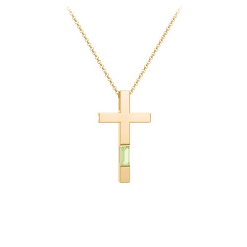 Modern Cross with Baguette Birthstone – 9kt Yellow Gold with Peridot