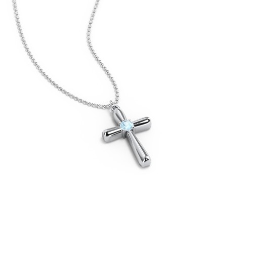 Mini Cross with Birthstone – Sterling Silver with Blue Topaz