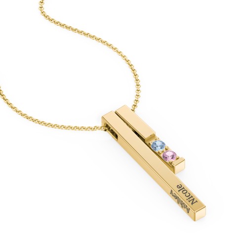 Multi Vertical 3D Bar Necklace with 1-4 Birthstones – 9kt Yellow Gold with Blue Topaz and Pink Tourmaline