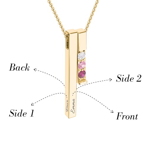 Multi Vertical 3D Bar Necklace with 1-4 Birthstones – 9kt Yellow Gold with Blue Topaz and Pink Tourmaline