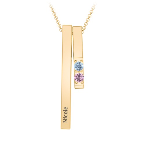 Multi Vertical 3D Bar Necklace with 1-4 Birthstones – 9kt Yellow Gold with Blue Topaz and Pink Tourmaline