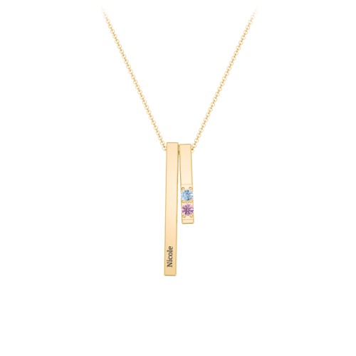 Multi Vertical 3D Bar Necklace with 1-4 Birthstones – 9kt Yellow Gold with Blue Topaz and Pink Tourmaline