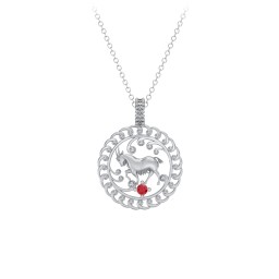 Year of the Goat Chinese Zodiac Medallion Necklace in 925 Sterling Silver with Garnet
