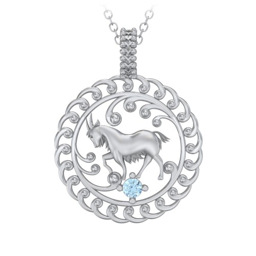 Year of the Goat Chinese Zodiac Medallion Necklace – Sterling Silver with Blue Topaz