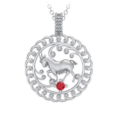 Year of the Goat Chinese Zodiac Medallion Necklace – Sterling Silver with Garnet