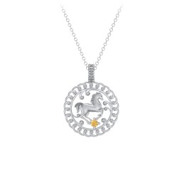 Year of the Horse Chinese Zodiac Medallion Necklace in 925 Sterling Silver with Citrine