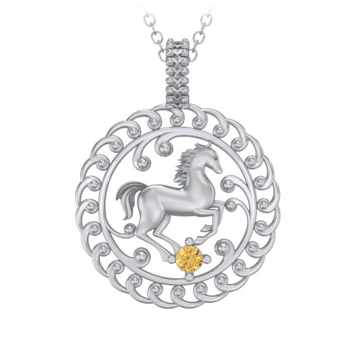 Year of the Horse Chinese Zodiac Medallion Necklace – Sterling Silver with Citrine