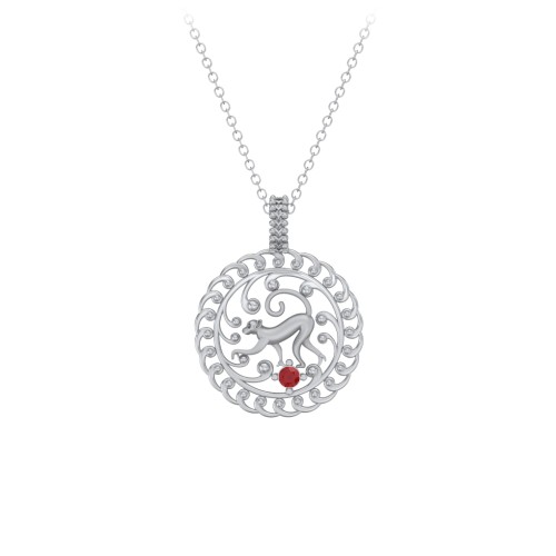 Year of the Monkey Chinese Zodiac Medallion Necklace – Sterling Silver with Garnet