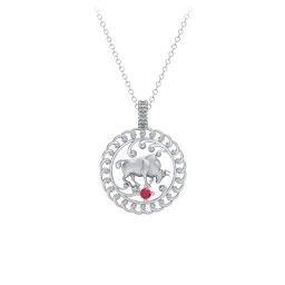 Year of the Ox Chinese Zodiac Medallion Necklace in 925 Sterling Silver with Ruby