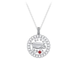 Year of the Pig Chinese Zodiac Medallion Necklace in 925 Sterling Silver with Garnet