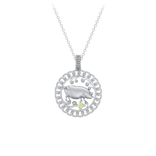 Year of the Pig Chinese Zodiac Medallion Necklace – Sterling Silver with Peridot