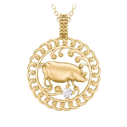 Year of the Pig Chinese Zodiac Medallion Necklace – 9kt Yellow Gold with Cubic Zirconia