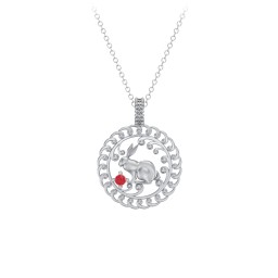 Year of the Rabbit Chinese Zodiac Medallion Necklace in 925 Sterling Silver with Garnet