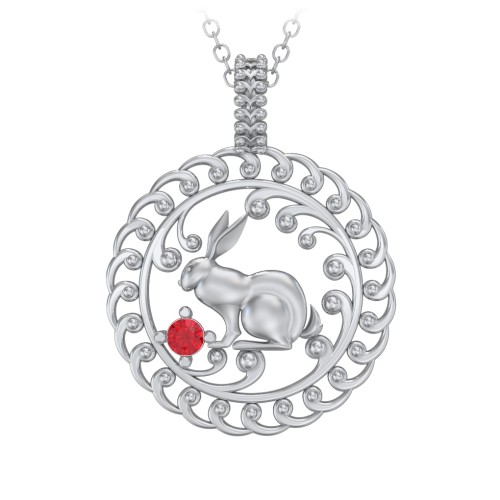 Year of the Rabbit Chinese Zodiac Medallion Necklace – Sterling Silver with Garnet