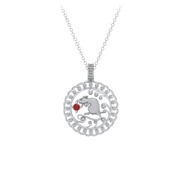 Year of the Rat Chinese Zodiac Medallion Necklace in 925 Sterling Silver with Garnet