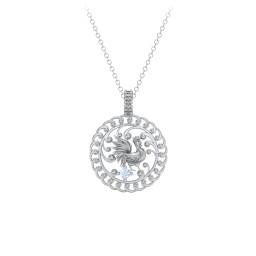 Year of the Rooster Chinese Zodiac Medallion Necklace in 925 Sterling Silver with Aquamarine