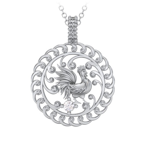 Year of the Rooster Chinese Zodiac Medallion Necklace – Sterling Silver with Cubic Zirconia