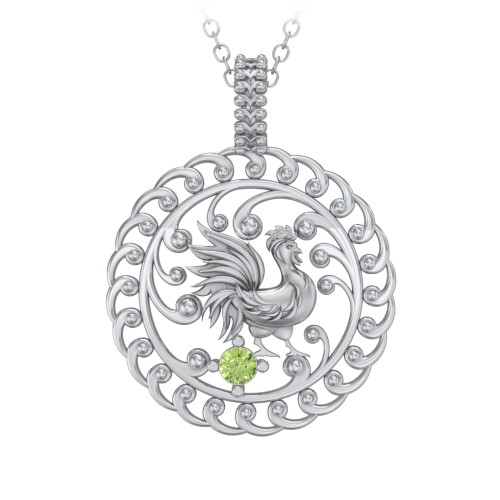 Year of the Rooster Chinese Zodiac Medallion Necklace – Sterling Silver with Peridot