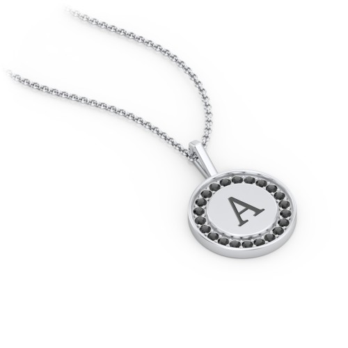 Initial Halo Disc Necklace with Accents – Sterling Silver with Black Premium Zirconia
