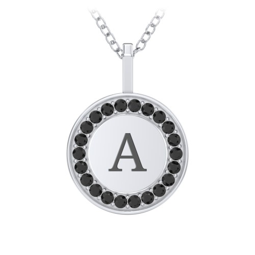Initial Halo Disc Necklace with Accents – Sterling Silver with Black Premium Zirconia