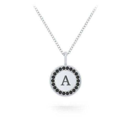 Initial Halo Disc Necklace with Accents – Sterling Silver with Black Premium Zirconia