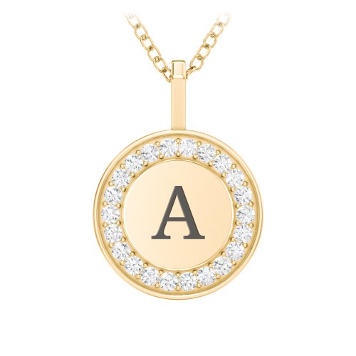 Initial Halo Disc Necklace with Accents – 9kt Yellow Gold with White Premium Zirconia
