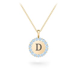 Initial Halo Disc Necklace with Gemstones in 18K Gold Plated Silver with Blue Topaz